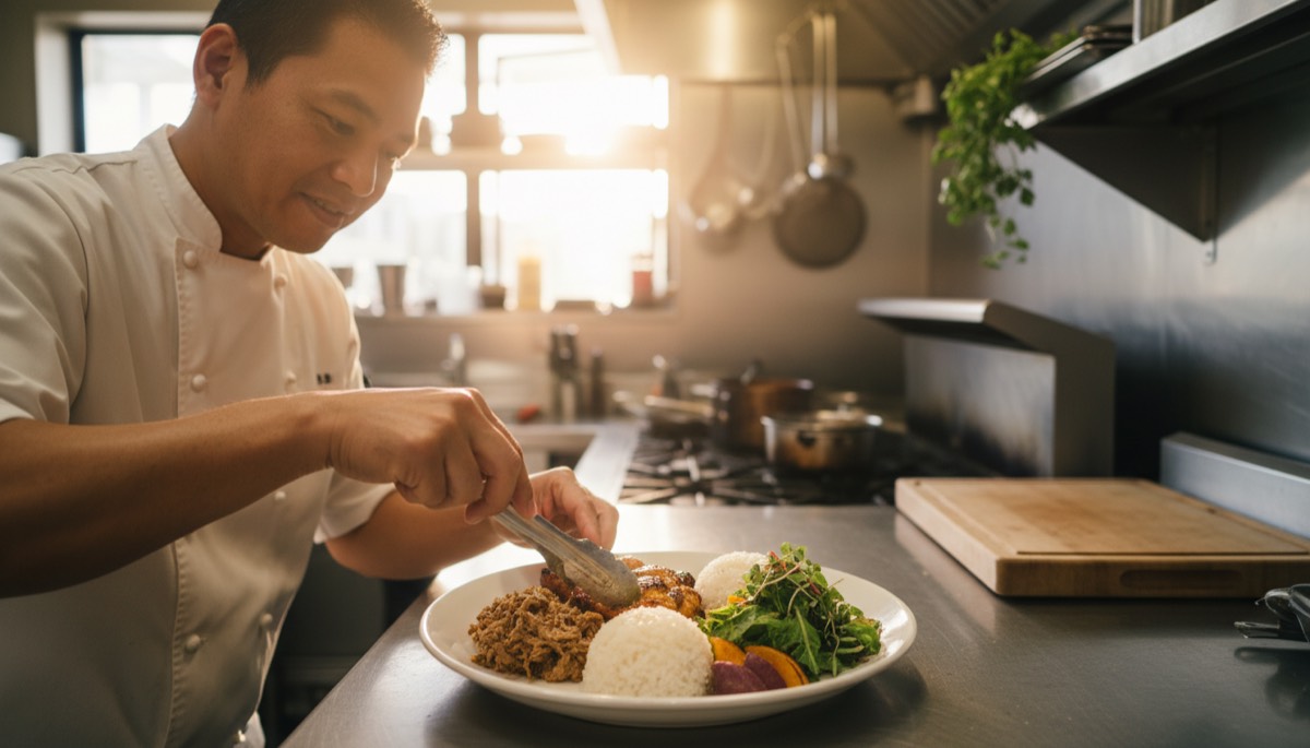 Hawaii restaurant owner plating a Hawaiian-style barbecue meal in his Honolulu kitchen