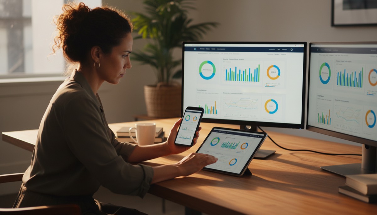 Hawaii small business owner debugging Core Web Vitals across a phone and two monitors at her desk