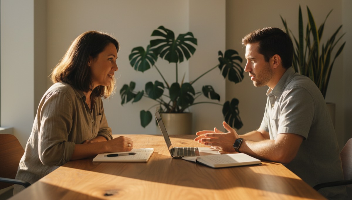 Hawaii small business owner meeting with an SEO consultant across a wooden table in a Honolulu coworking space
