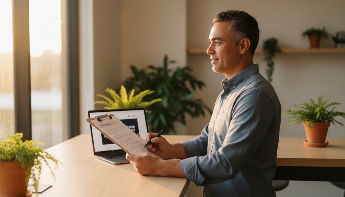 Hawaii small business owner ticking off items on a printed on-page SEO checklist at a Honolulu standing desk