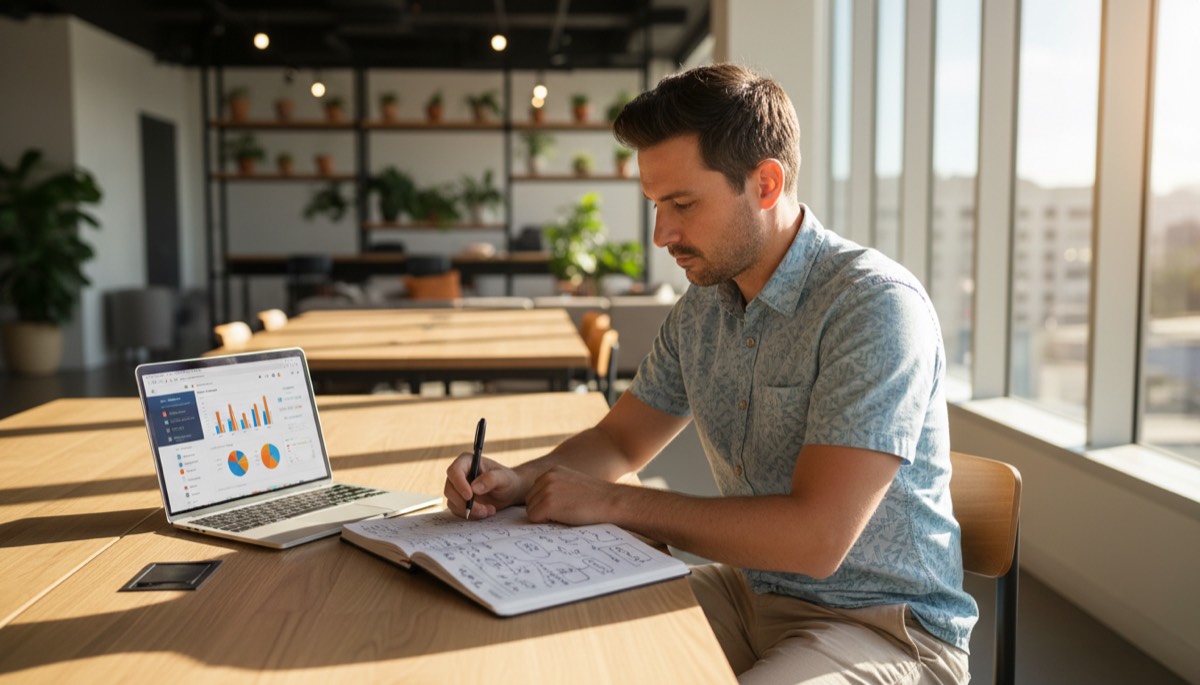 Hawaii small business owner taking handwritten notes while learning SEO at a coworking space