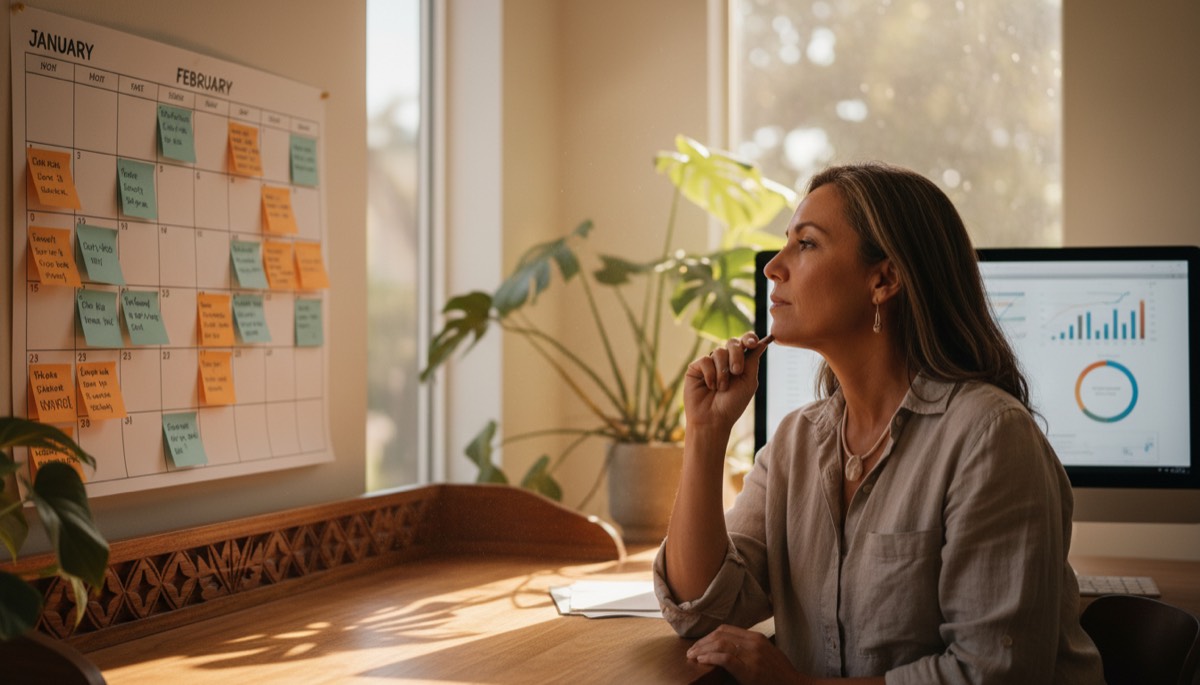 Hawaii small business owner planning a 12-month content calendar with handwritten topics on a wall calendar