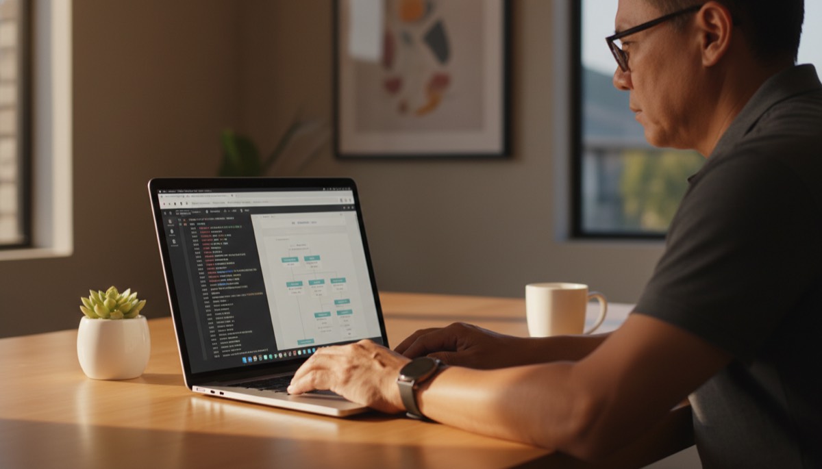 Hawaii small business owner examining an XML sitemap and URL hierarchy on a laptop while wearing reading glasses