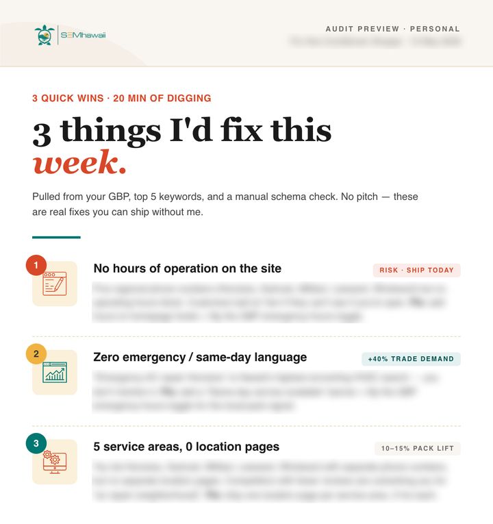 A page from a real SEMhawaii audit listing three fixes for a Honolulu business, with the business details blurred